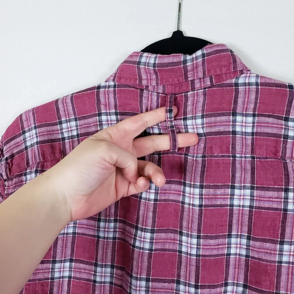 Banana Republic Camden Fit Linen Shirt Red Plaid Mens M Short Sleeve Preppy